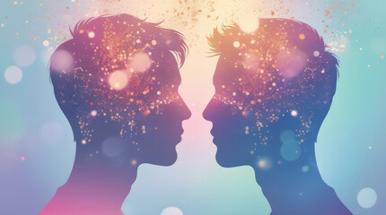 Silhouettes of two individuals facing each other, surrounded by a colorful, dreamy background filled with sparkling lights and abstract patterns, symbolizing connection and shared thoughts