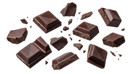 rich dark chocolate chunks and broken pieces scattered dynamically against a stark transparent background, evoking indulgence and decadent dessert experiences.