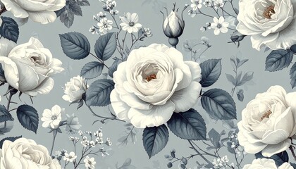 クラシックな花柄パターン（グレー＆ブルー）｜Classic Floral Pattern in Gray and Blue Tones