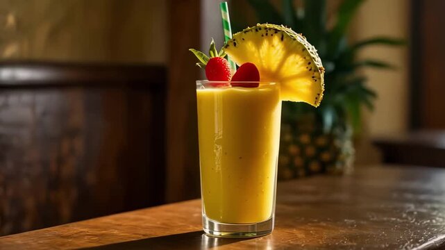 Chilled pineapple smoothie in a glass with fruit slice on a wooden table