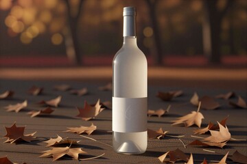 Elegant White Wine Bottle Surrounded by Autumn Leaves in Nature