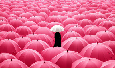 a huge field of red umbrellas, one white umbrella stands out in the middle