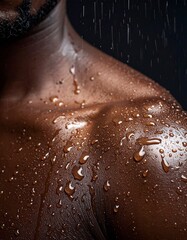 Gotas de lluvia cayendo sobre la piel humana en primer plano, textura detallada, luz fr&iacute;a y difusa, sensaci&oacute;n t&aacute;ctil de frescura y contacto