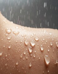 Gotas de lluvia cayendo sobre la piel humana en primer plano, textura detallada, luz fr&iacute;a y difusa, sensaci&oacute;n t&aacute;ctil de frescura y contacto