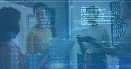 Animation of digital interface over talking business people - Powered by Adobe