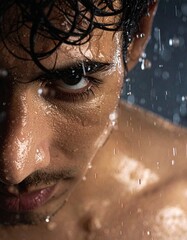 Gotas de lluvia cayendo sobre la piel humana en primer plano, textura detallada, luz fr&iacute;a y difusa, sensaci&oacute;n t&aacute;ctil de frescura y contacto