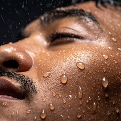 Gotas de lluvia cayendo sobre la piel humana en primer plano, textura detallada, luz fr&iacute;a y difusa, sensaci&oacute;n t&aacute;ctil de frescura y contacto
