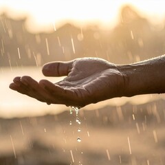 Gotas de lluvia cayendo sobre la piel humana en primer plano, textura detallada, luz fr&iacute;a y difusa, sensaci&oacute;n t&aacute;ctil de frescura y contacto