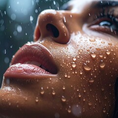 Gotas de lluvia cayendo sobre la piel humana en primer plano, textura detallada, luz fr&iacute;a y difusa, sensaci&oacute;n t&aacute;ctil de frescura y contacto