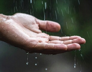 Gotas de lluvia cayendo sobre la piel humana en primer plano, textura detallada, luz fr&iacute;a y difusa, sensaci&oacute;n t&aacute;ctil de frescura y contacto