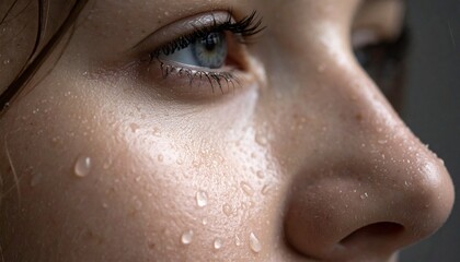 Gotas de lluvia cayendo sobre la piel humana en primer plano, textura detallada, luz fr&iacute;a y difusa, sensaci&oacute;n t&aacute;ctil de frescura y contacto