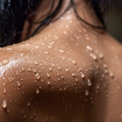 Gotas de lluvia cayendo sobre la piel humana en primer plano, textura detallada, luz fr&iacute;a y difusa, sensaci&oacute;n t&aacute;ctil de frescura y contacto