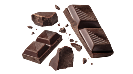 a selection of broken dark chocolate bar pieces and crumbs floating on a transparent background.
