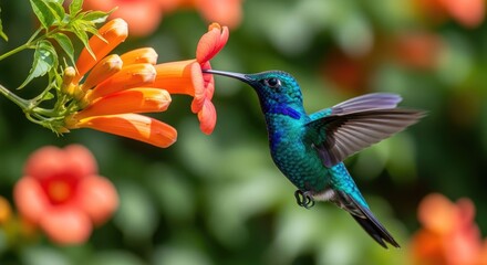 Obraz premium A vibrant hummingbird feeds on an orange flower in a lush, green garden.