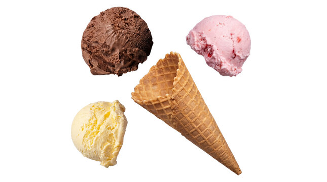 scoops of assorted ice cream flavors with a waffle cone, vanilla, chocolate, strawberry, dessert concept