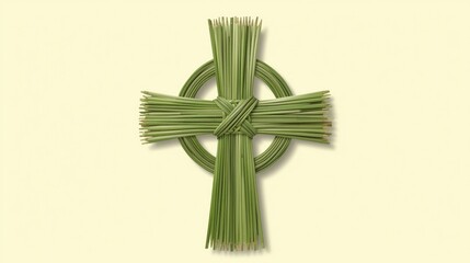 Intricate celtic cross crafted from green twigs