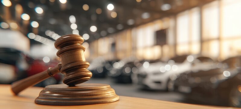 The Gavel in Foreground of Car Auction Suggesting Legal Action and Vehicle Repossession