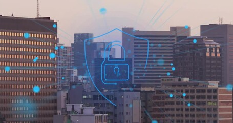 Animation of tech icons with connections and digital padlock, floating over cityscape - Powered by Adobe
