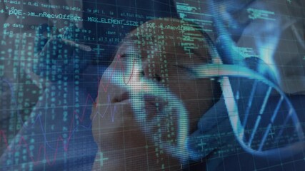 Animation of data processing over american dollar banknotes and grid - Powered by Adobe