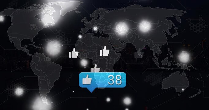 Animation of speech bubble with increasing number of likes, thumbs up signs blooming over world map