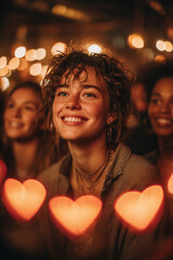 Smiling young woman with heart-shaped bokeh lights at evening gathering