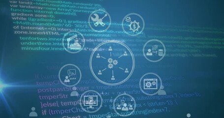 Animation of tech icons and data processing on green digital screen - Powered by Adobe