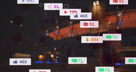 Animation of social media icons and numbers over cityscape - Powered by Adobe