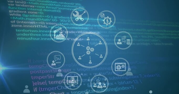 Animation of tech icons and data processing on green digital screen