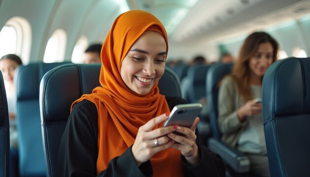 Smiling Saudi woman in hijab uses mobile phone on airplane flight. She sits in passenger, engaged in conversation. Travel connectivity and modern communication.