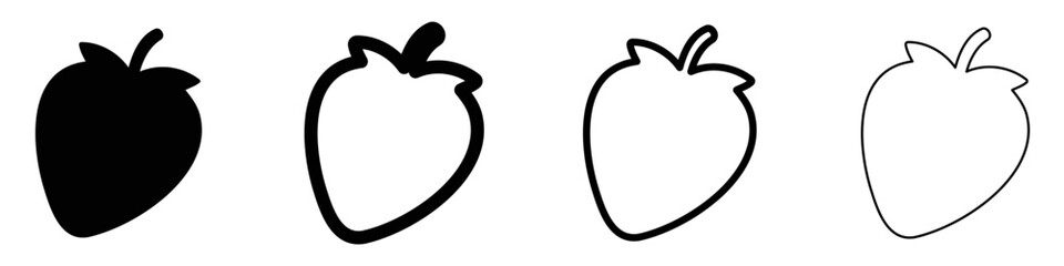 Strawberry icon. Strawberry berry with leaves: black silhouette and outline lines, isolated on a white background. Four style variations. Vector illustration. © chekman