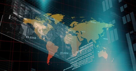 Animation of data processing with world map on black background - Powered by Adobe