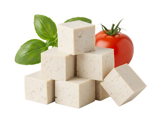 Fresh firm tofu cubes arranged in a small stacked composition