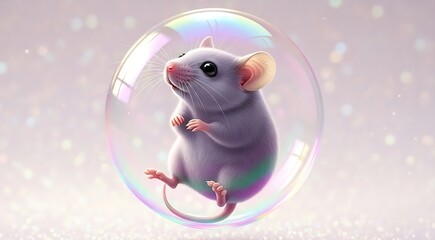 A cute white mouse is magically trapped inside a shimmering, rainbow soap bubble on a soft sparkly background.