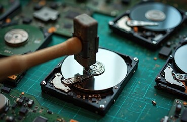 Hammer strikes hard drive destroying data on circuit board. Tech destruction concept. Data breach security risks. Information loss in digital world.