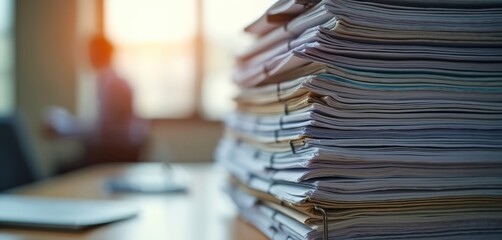 Huge pile of policy documents stacked high on office desk, representing heavy workload. Files showcase corporate governance, legal compliance, administrative burden. Blurred person works in sunny