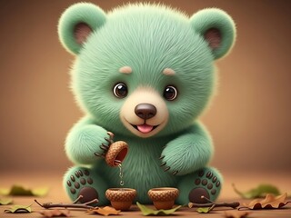 A cute green bear happily pours a drink from an acorn into tiny cups on an autumn day.