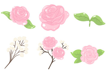 Cozy Pink rose, delicate collection of pink rose blooms and green leaves illustrations, exuding freshness and elegance. These art elements are perfect for various design projects