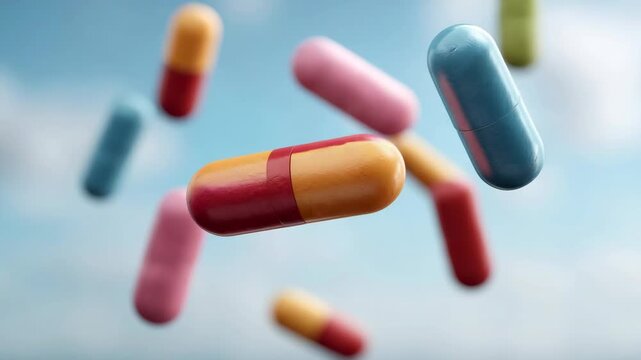 Multicolored pharmaceutical capsules and tablets falling in slow motion against a clean blue background, representing concepts of medicine, healthcare, and treatment for various ailments