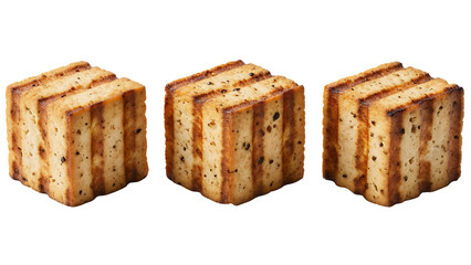 Grilled tofu cubes presented as three separate thick cubes