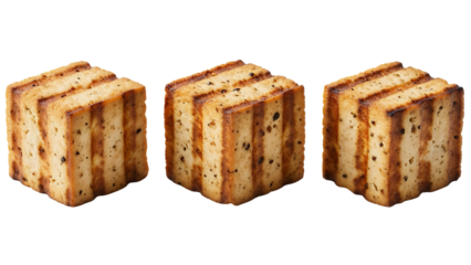 Grilled tofu cubes presented as three separate thick cubes