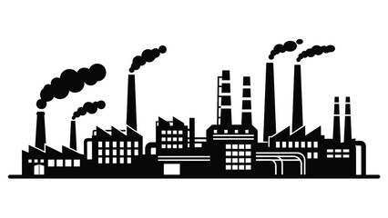 Industrial cityscape with factory buildings and smoke stacks emitting pollution