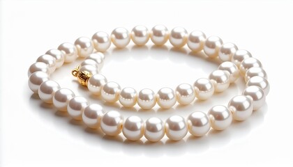   
Classic pearl jewelry set with white round pearls in single strands&mdash;necklace encircling bracelet&mdash;on white background.