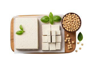 Fresh tofu and soy ingredients arranged as a clean, educational composition