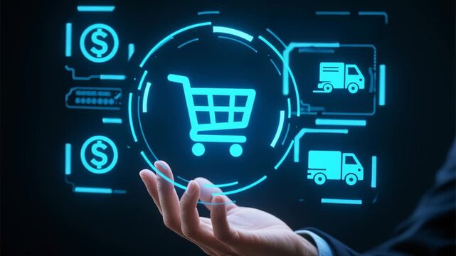 Truck delivery and moving box. Smart business concept featuring unloading cargo and transportation with digital shopping cart and truck icons industrial logistic warehouse center