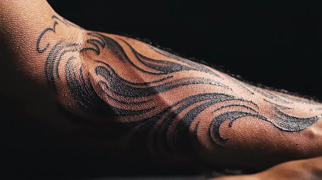 Detailed close up shot of a wave tattoo on a persons arm.