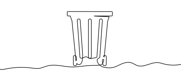 Empty trash can or garbage container on wheels with an open lid in one line art style. Drawing with editable black stroke on a white background. Vector illustration, cleaning or disposal concept.