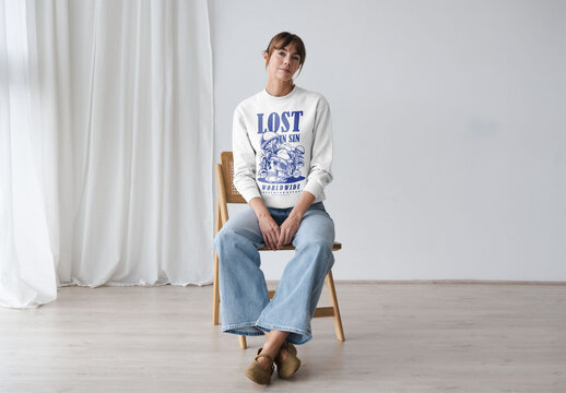 Mockup Of Woman In Customized Sweatshirt On Chair