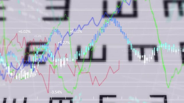 Animation of financial data processing over snellen eye chart against white background