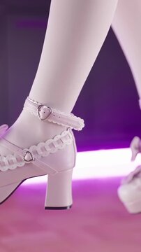 Dangling legs pink lolita high heels of the table in kitchen close-up