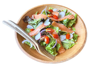 Salmon salad bowl with green vegetables for diet food.